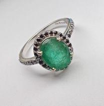 Beautiful Natural Emerald Ring With Natural Black Diamonds and 18k Gold