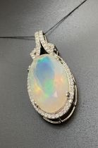 Beautiful Natural 22.33 ct Opal Pendant & 1.15 Ct Diamonds & 18k White Gold