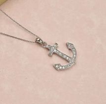 New! Cubic Zirconia Anchor Pendant with Chain in Rhodium Overlay Sterling Silver