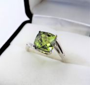 Green Peridot Solitaire Ring Sterling Silver 2.9 Carats New With Gift Pouch
