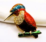 Large Vintage Gold Plated Enamel & Crystal Kingfisher Brooch With Gift Pouch