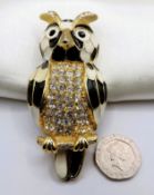 Large Vintage Sardi Signed Gold Plated Enamel Owl Brooch