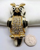 Large Vintage Sardi Signed Gold Plated Enamel Owl Brooch