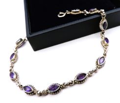 Vintage Artisan Sterling Silver Amethyst Gemstone Bracelet With Gift Box