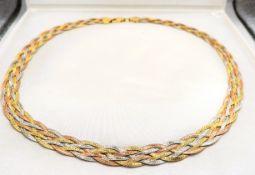 Italian Tri-Colour Gold On Sterling Silver Braided Herringbone Collar Necklace With Gift Box