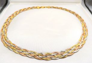 Italian Tri-Colour Gold On Sterling Silver Braided Herringbone Collar Necklace With Gift Box