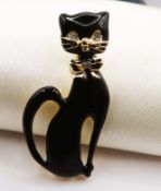 Large Vintage Gold Plated Black Enamel & Crystal Cat Brooch With Gift Pouch