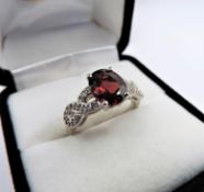 Garnet & Diamond Ring 2.74 cts Sterling Silver New With Gift Pouch