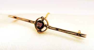 Antique 9K Gold Amethyst & Seed Pearl Bar Brooch