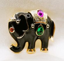 Vintage Gold Plated Black Enamel Cabochon Jewelled Elephant Brooch