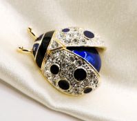 Vintage Enamel & Crystal Ladybird Brooch With Gift Pouch