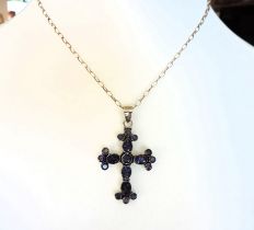 Vintage Sterling Silver Blue Sapphire Cross Necklace 12cts With Gift Box