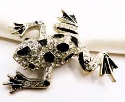 Large Vintage Sardi Signed Black Enamel Crystal Frog Brooch