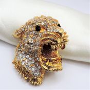 Vintage Gold Plated Gemstone Encrusted Tigers Head Brooch