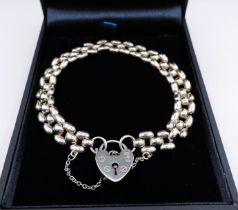 Sterling Silver Three Bar Heart Padlock Chain Bracelet 15.6 Grams