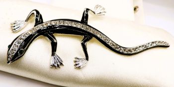 Large Vintage Black Enamel & Crystal Lizard Brooch