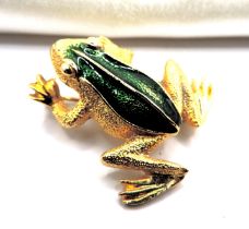 Vintage Gold Plated Enamel Frog Brooch With Gift Pouch