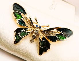 Large Vintage Gold Plated Enamel & Crystal Butterfly Brooch With Gift Pouch