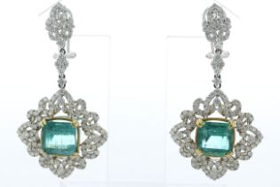 18ct White Gold Emerald Cluster Diamond And Emerald Earrings (E7.52) 3.01 Carats