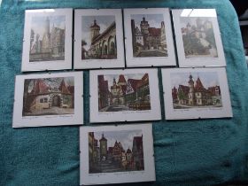 8 x Coloured Etchings of Rothenburg W. Germany by Ernst Geissendorfer - Circa 1950's