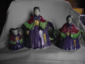 Vintage N & C England Old Lady In Shawl Pottery Teapot Set - Circa 1940's