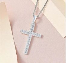 New! Cubic Zirconia Sterling Silver Cross Pendant with Chain