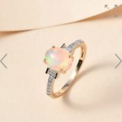New! 9K Yellow Gold Ethiopian Welo Opal and Moissanite Ring