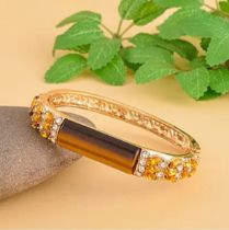 New! Yellow Tigers Eye, Champagne Diamond and White Austrian Crystal Bangle