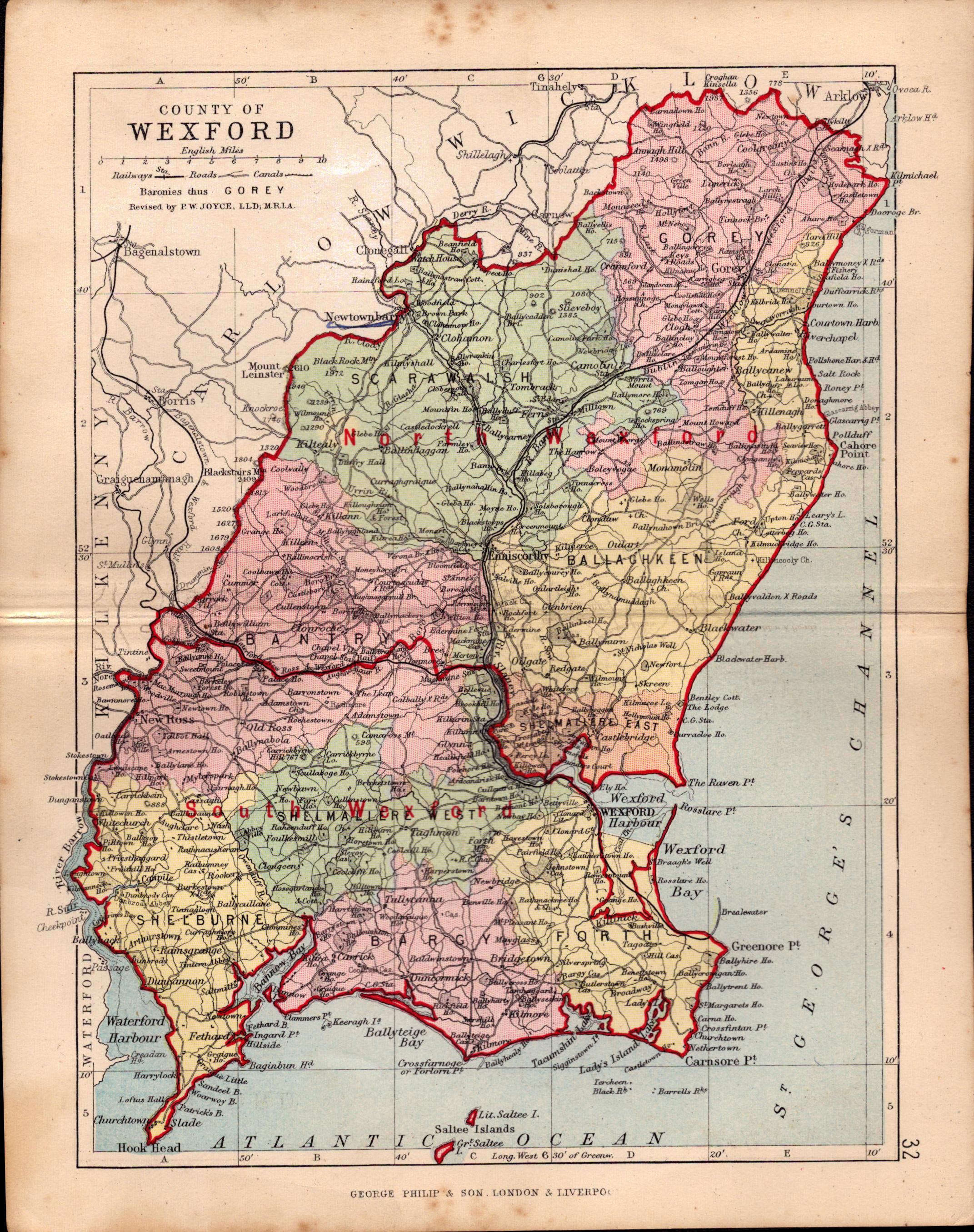 County Of Wexford Ireland Antique Detailed Coloured Victorian Map.