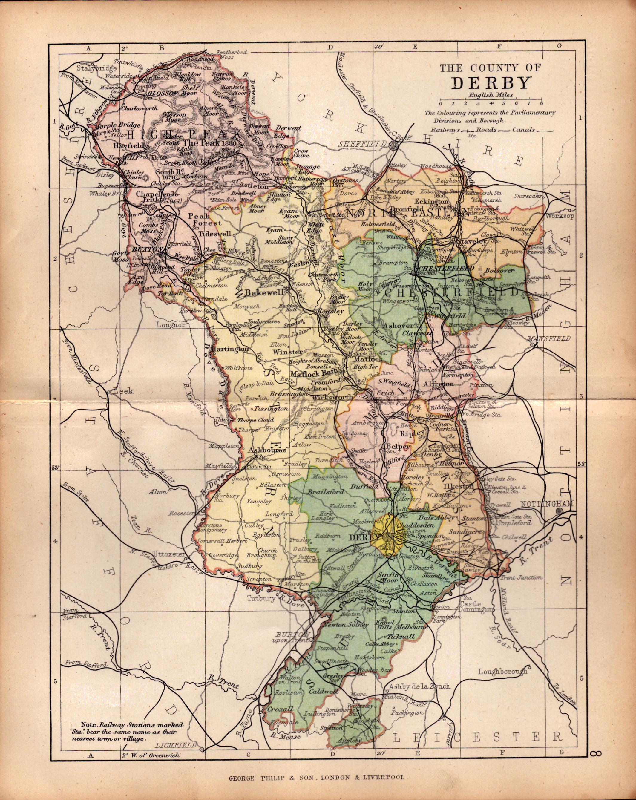 County of Derbyshire 1895 Antique Queen Victorian Coloured Map.