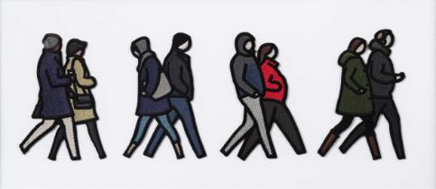 Julian Opie (1958-), London Couples, Embroidered figurines on Board, framed, 2021