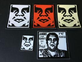 Shepar Fairey (b-1970) Obey Giant Obey Face Sticker Set -Red, White, Cream and Andre The Giant