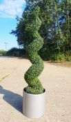 Large Industrial Metal Planter With Spiralling Artificial Hedge Plant. Approx 2.14m Tall. RRP £59...