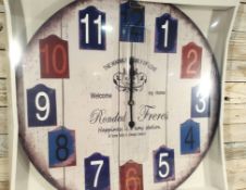Printed Wooden Clock 60cm Across. 'Ronded Freres'. RRP £30