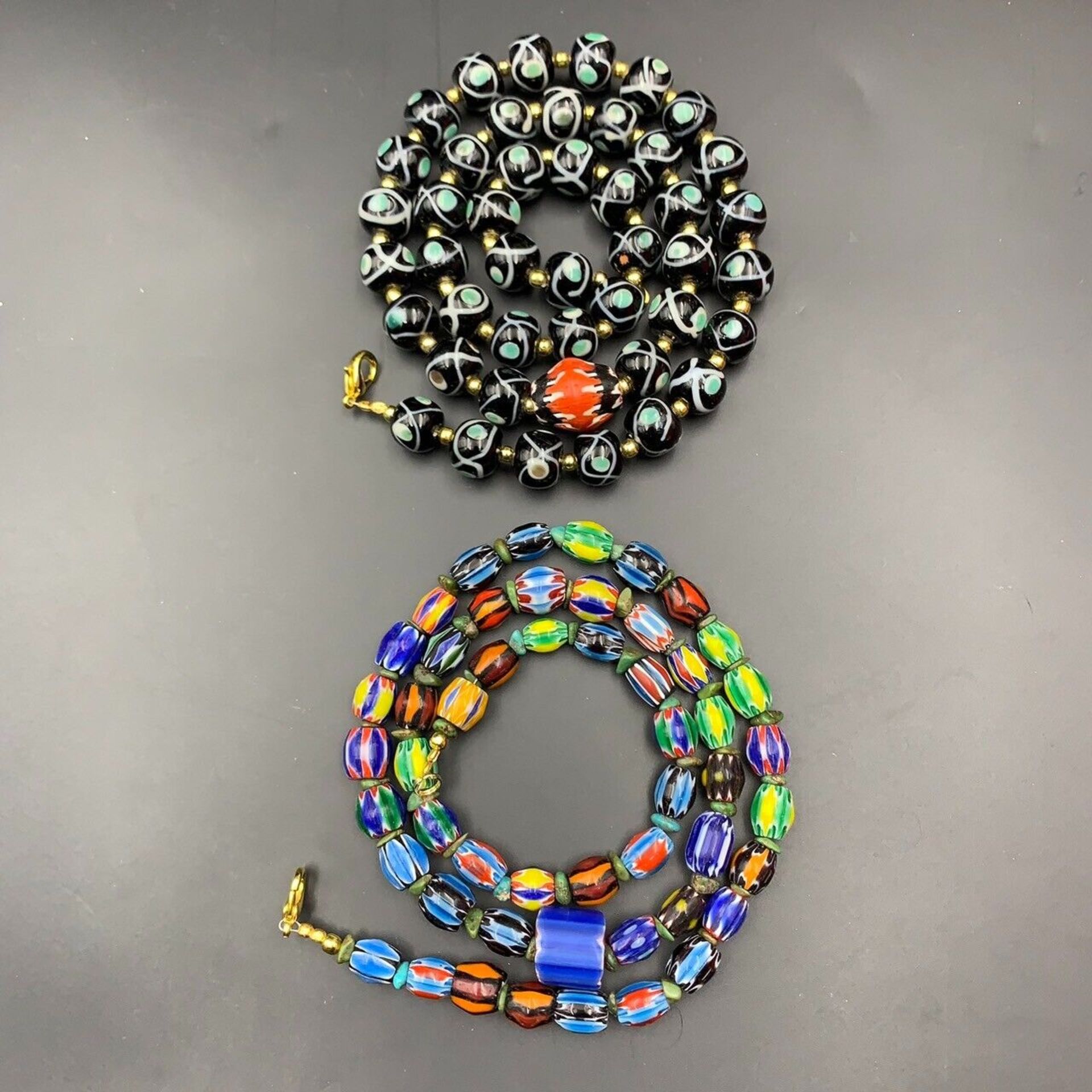 Vintage Chevron Trade Glass Beads & Fancy Glass Beads Necklace, 2 Piece - Image 5 of 6