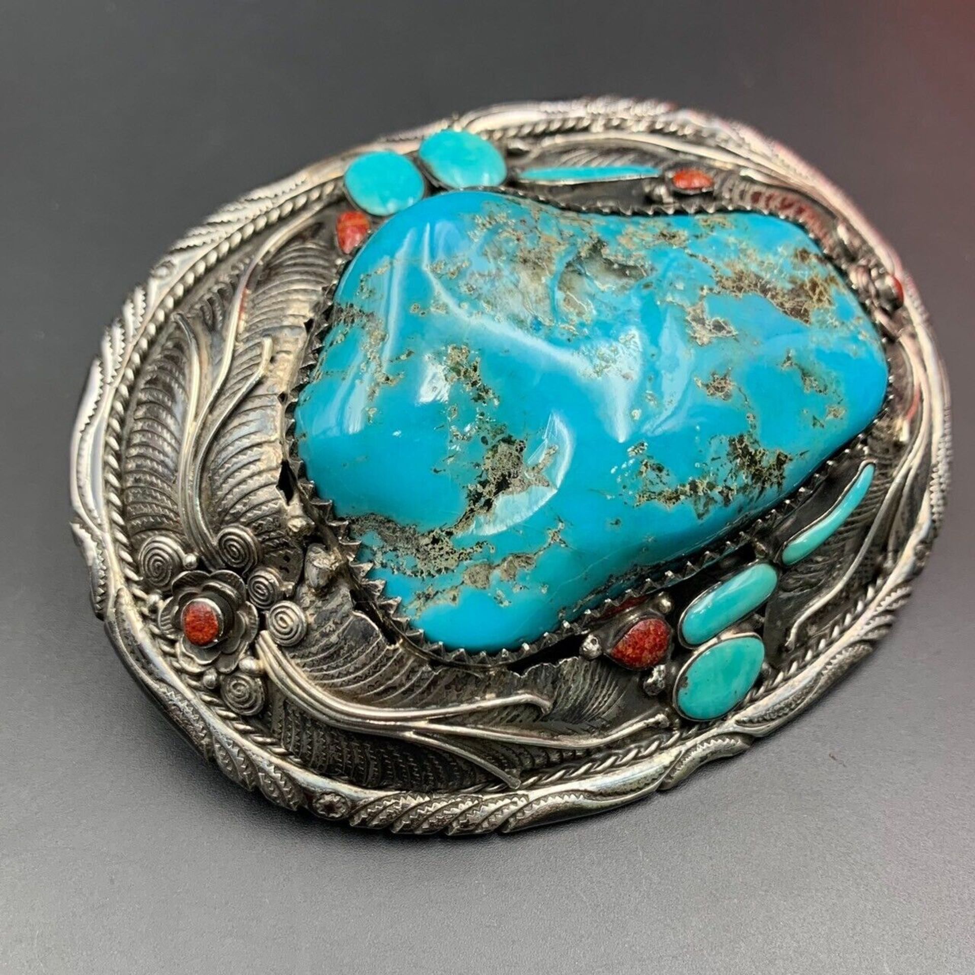 Handmade Natural Turquoise, Coral With 925 Silver Belt Buckle, Best Quality - Image 4 of 7