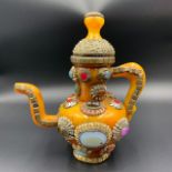 Vintage Handmade Old Nepalese Pressed Amber Jewel Pot With Agate Stones, Collectible