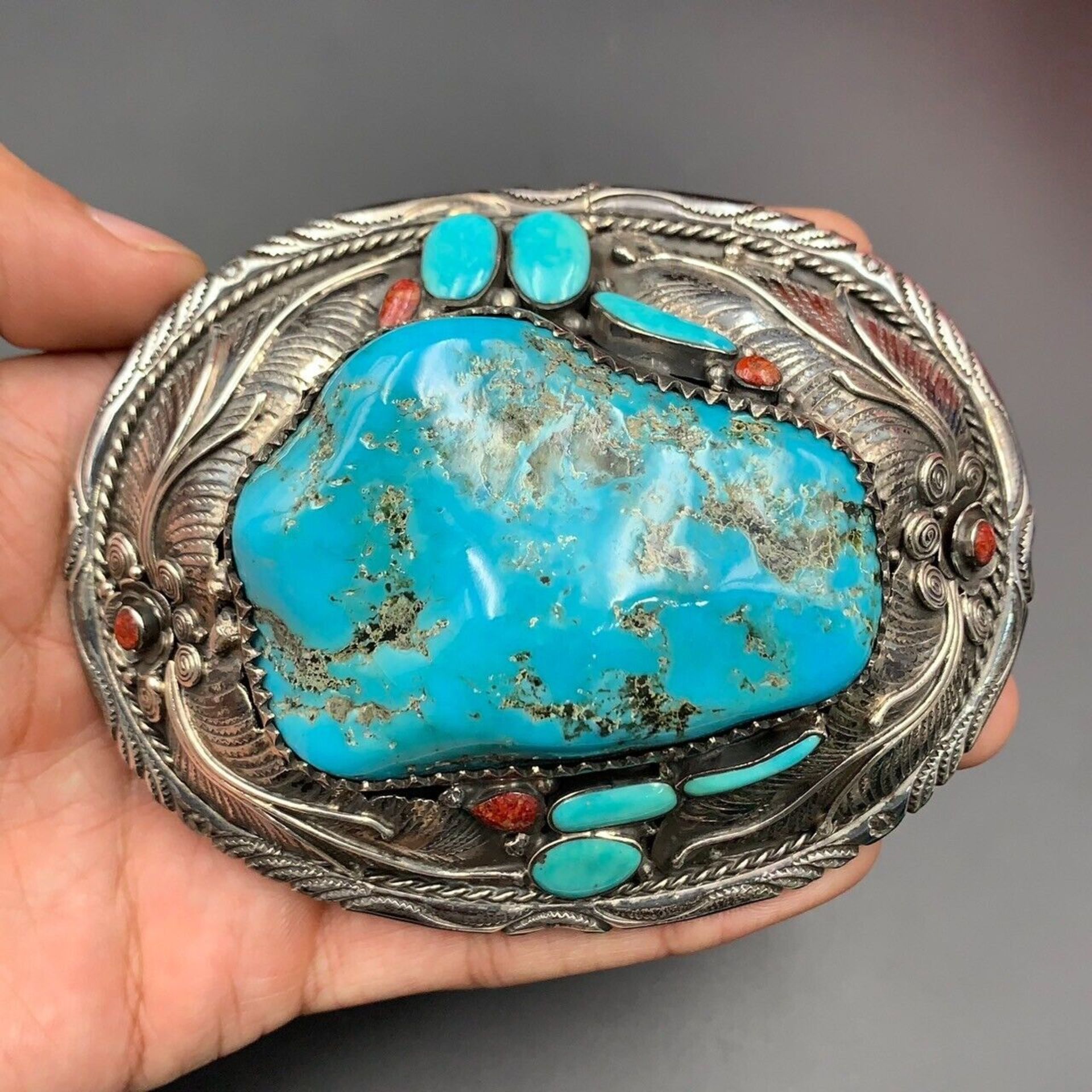 Handmade Natural Turquoise, Coral With 925 Silver Belt Buckle, Best Quality - Image 2 of 7