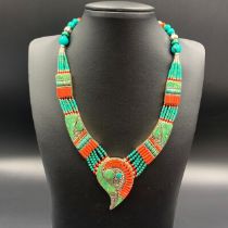Elegant Natural Tibetan Turquoise, Coral with Bras Handmade Tribal Necklace
