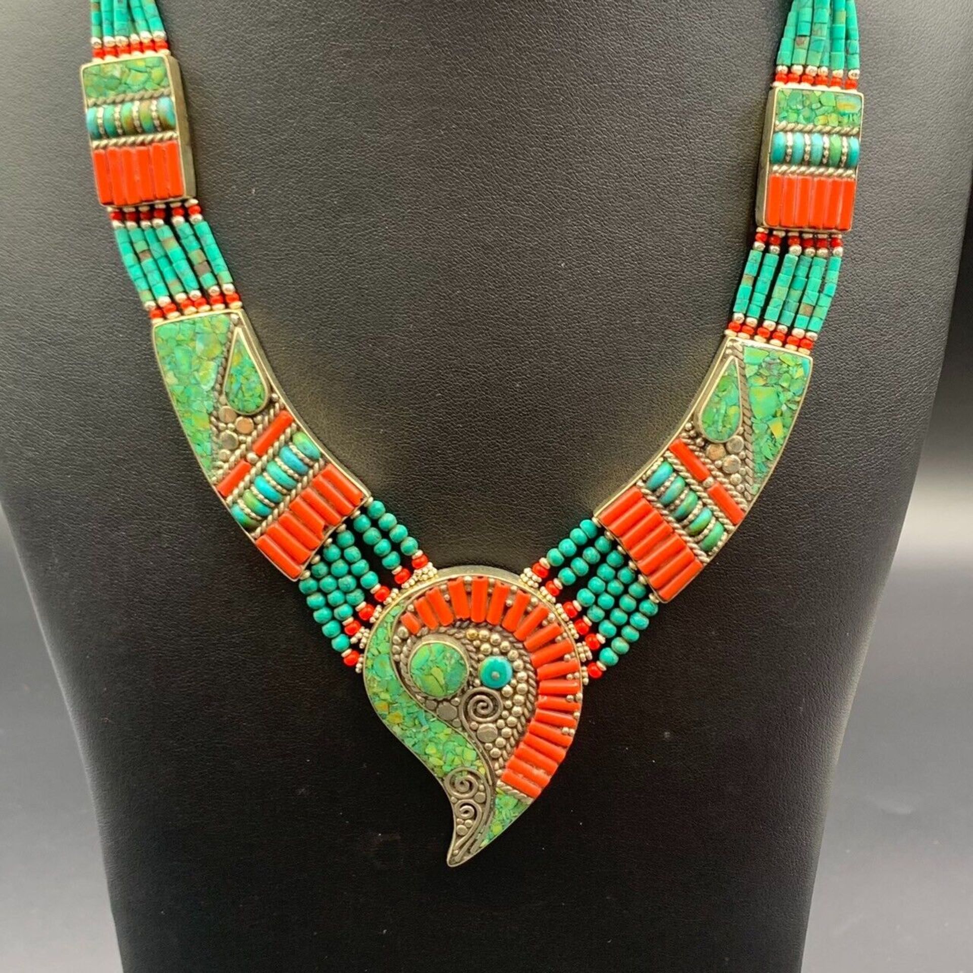 Elegant Natural Tibetan Turquoise, Coral with Bras Handmade Tribal Necklace - Image 6 of 6