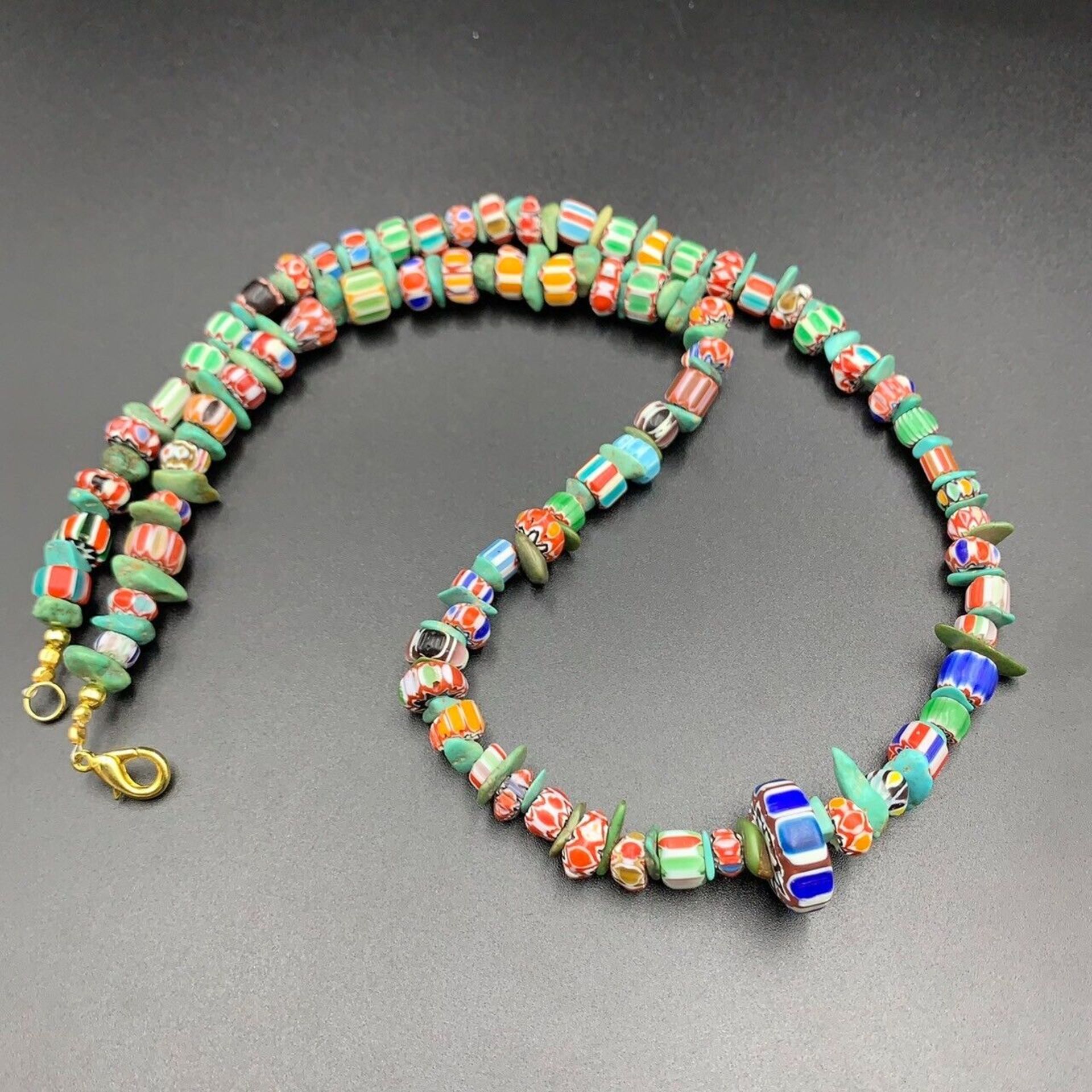 Nice Chevron Trade Glass Beads With Antique Turquoise ChipStone Beads Necklace - Image 4 of 7