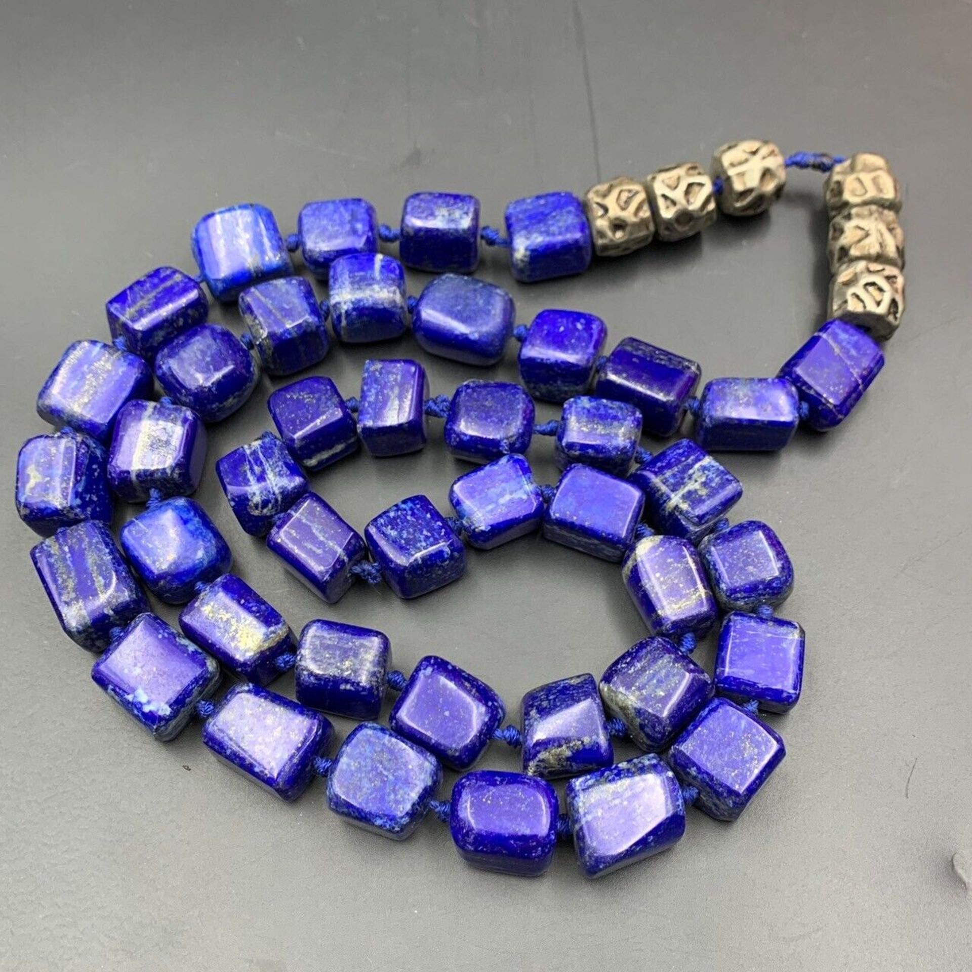 Incredible Natural Lapis Lazuli Long Cube Shape Beads Necklace - Image 2 of 6