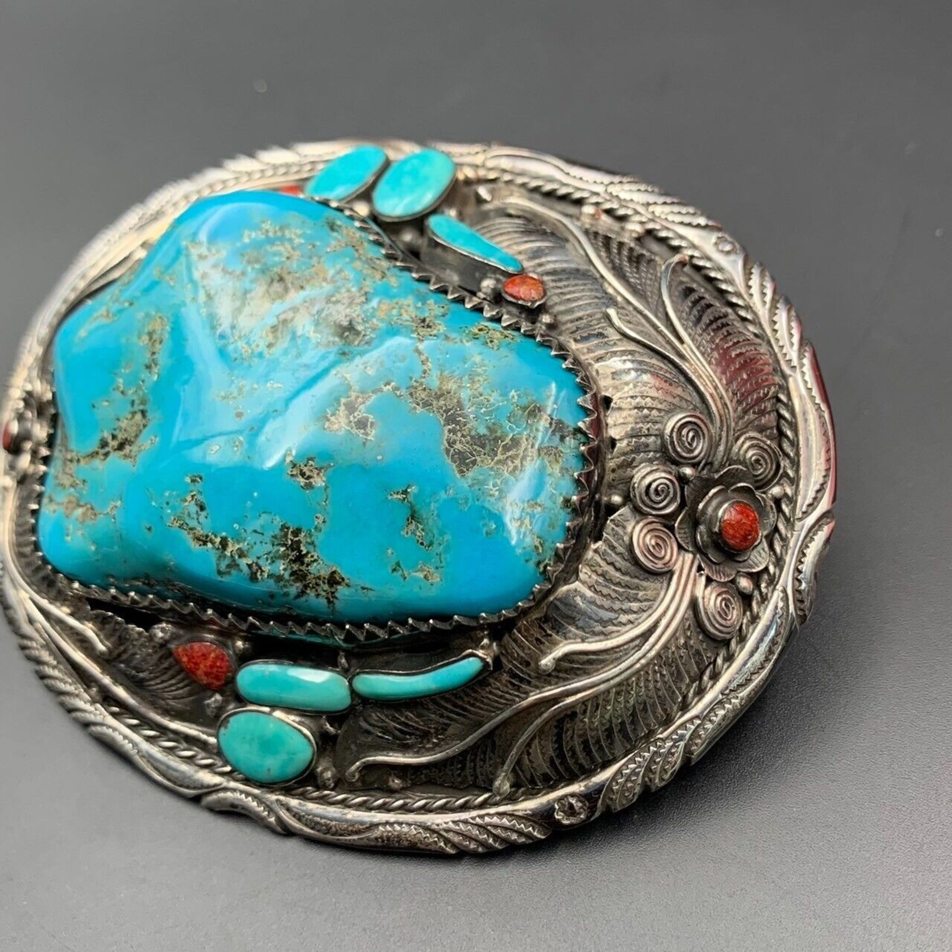 Handmade Natural Turquoise, Coral With 925 Silver Belt Buckle, Best Quality - Image 6 of 7