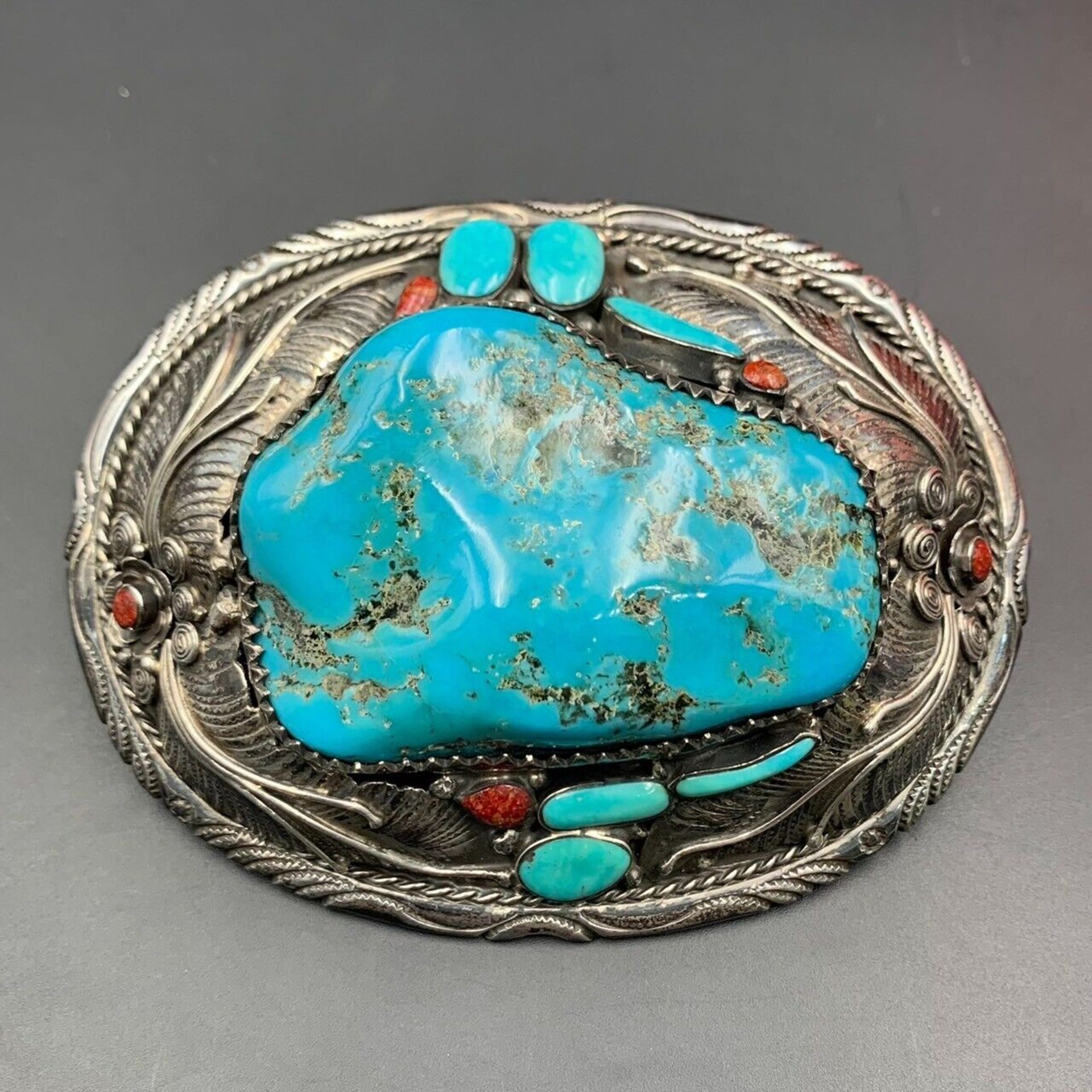 Handmade Natural Turquoise, Coral With 925 Silver Belt Buckle, Best Quality - Image 5 of 7