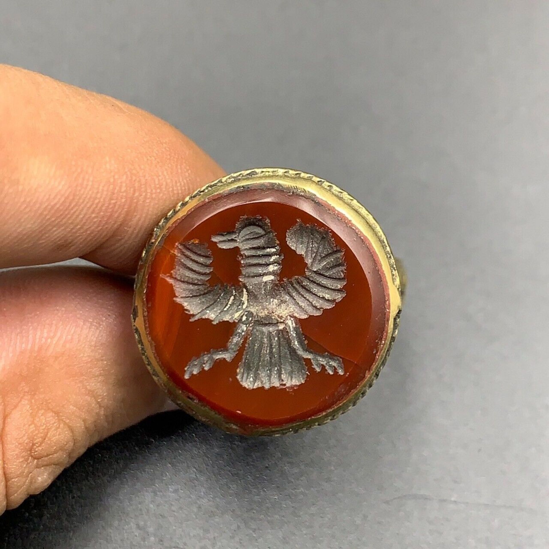 3 Piece Near Eastern Beautiful Hand Carved Carnelian & Lapis Lazul Bronze Rings - Image 3 of 8