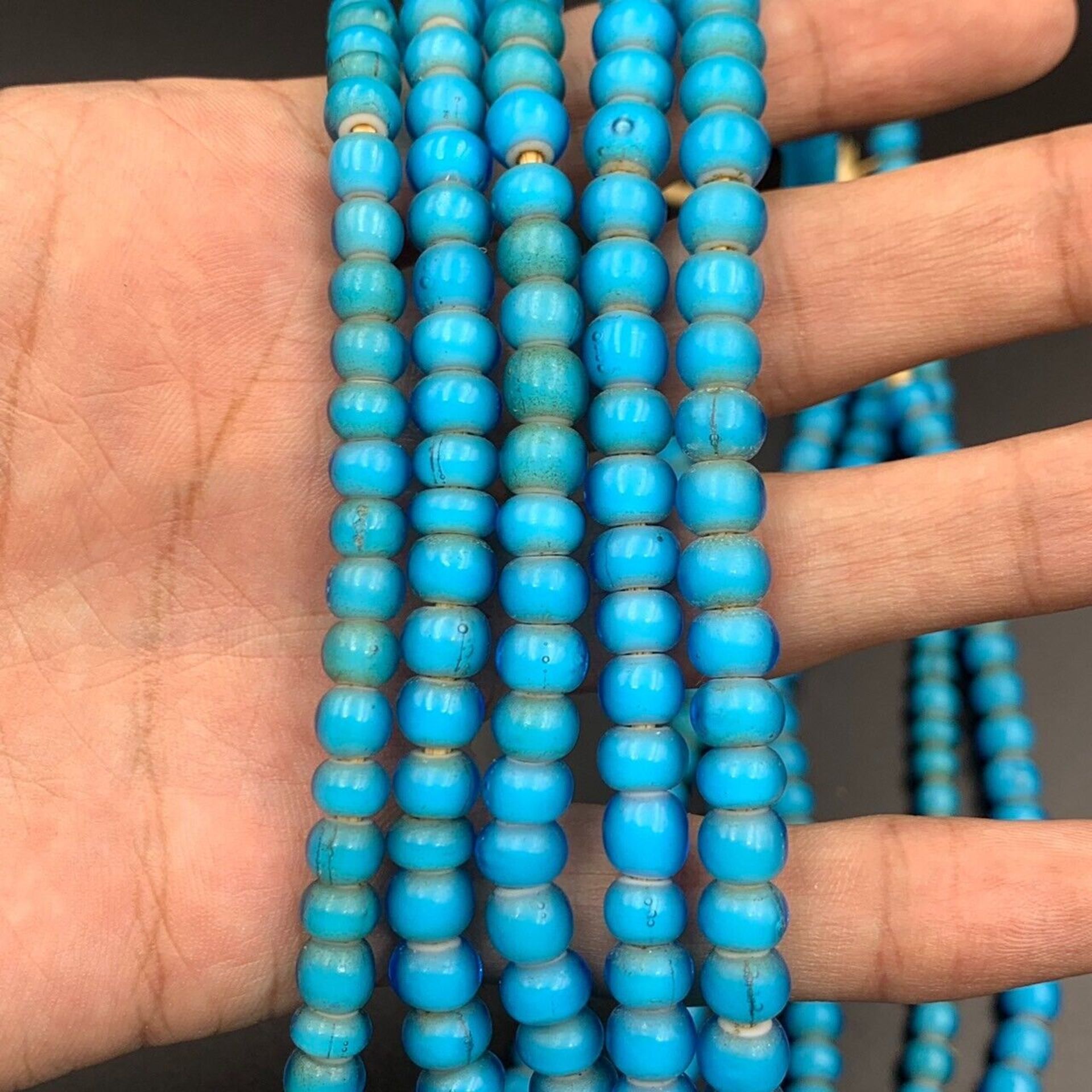 African Vintage Sky White Heart Trade Glass Beads Strands, Group of 5 Strands