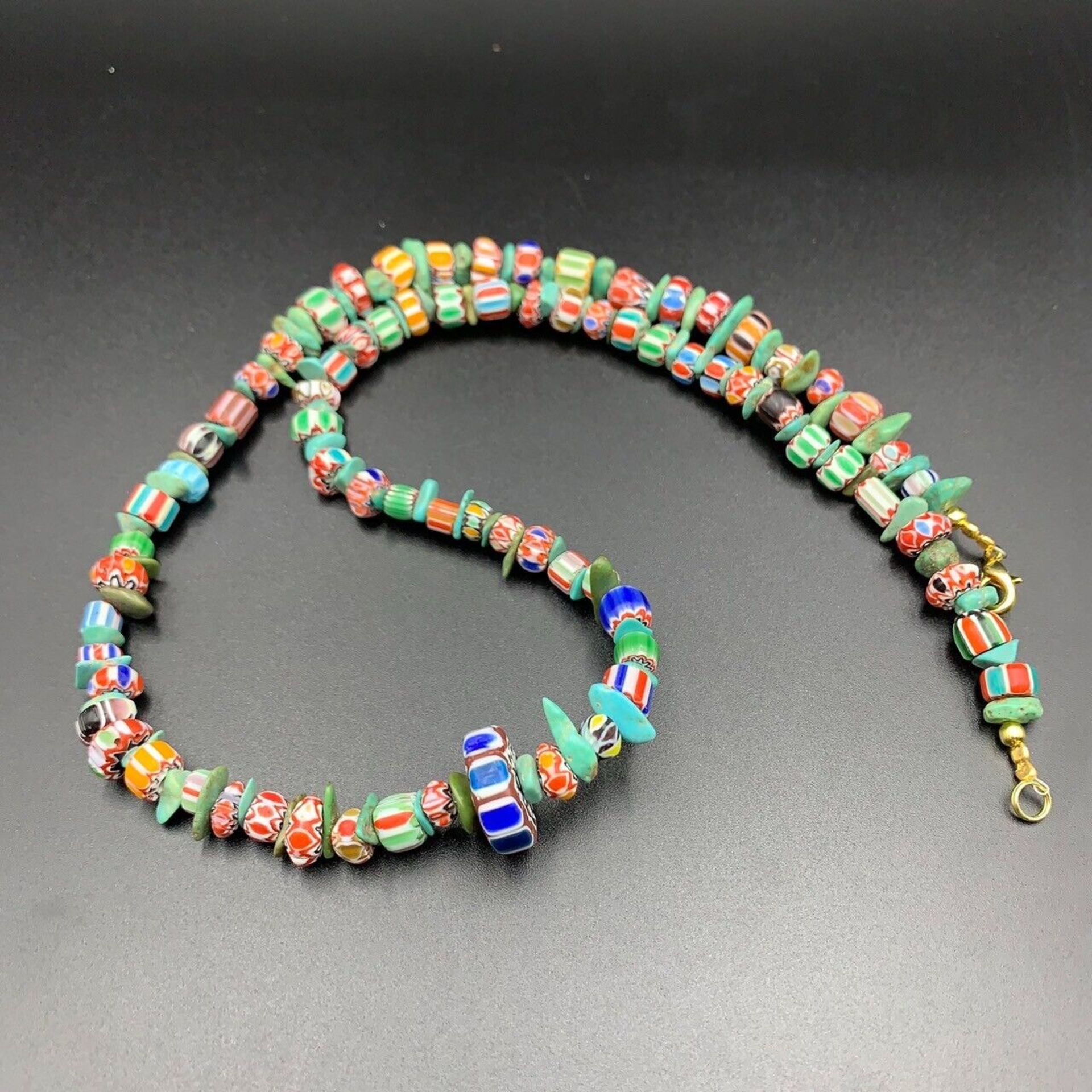 Nice Chevron Trade Glass Beads With Antique Turquoise ChipStone Beads Necklace - Image 7 of 7