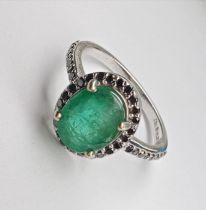 Beautiful Natural Emerald Ring With Natural Black Diamonds And 18k Gold