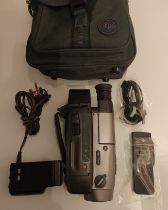 A Sony TRV30E Camcorder With Battery, Remote Control, Charger and Case.