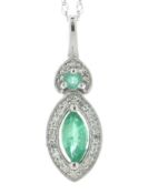 14ct White Gold Marquise Cluster Diamond And Emerald Pendant And chain 0.08 Carats